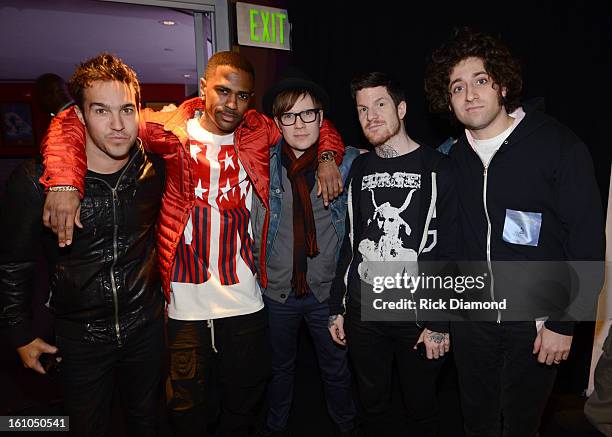 Pete Wentz, Big Sean, Patrick Stump, Andy Hurley, and Joe Trohman pose backstage at the GRAMMYs Dial Global Radio Remotes during The 55th Annual...