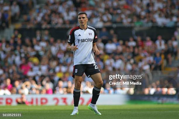 Joao Palhinha of Fulham on the pitch after coming on in the second half during the Premier League match between Fulham FC and Brentford FC at Craven...