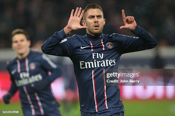 Jeremy Menez of PSG celebrates his goal during the French Ligue 1 match between Paris Saint Germain FC and Sporting Club de Bastia at the Parc des...