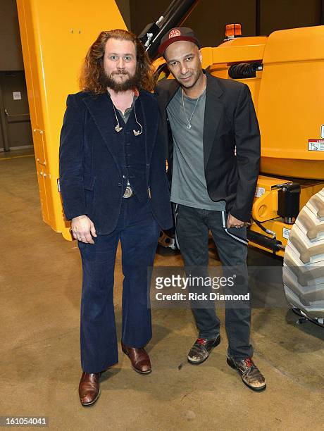 Musicians Jim James and Tom Morello attend MusiCares Person Of The Year Honoring Bruce Springsteen at the Los Angeles Convention Center on February...