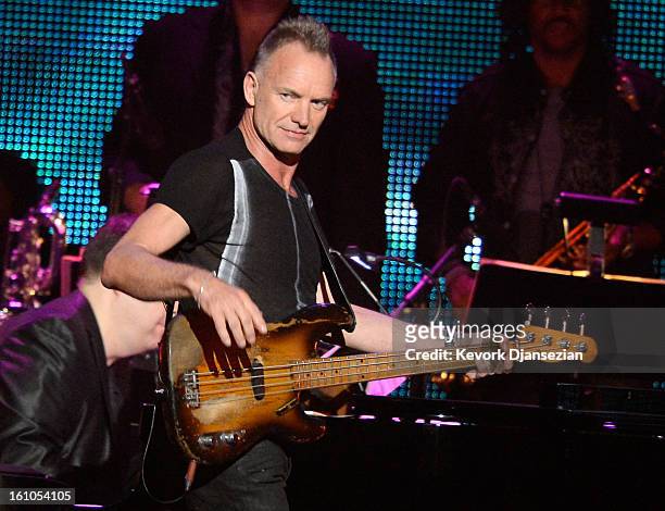 Singer Sting performs onstage at The 2013 MusiCares Person Of The Year Gala Honoring Bruce Springsteen at Los Angeles Convention Center on February...