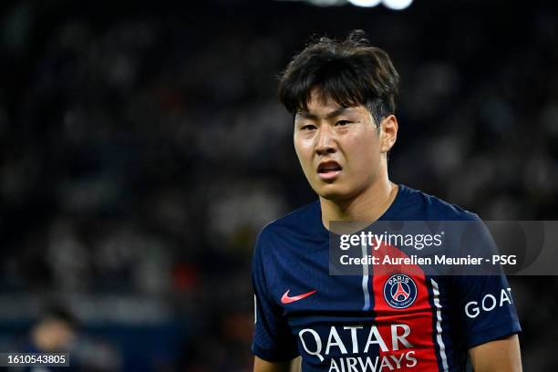 Kang In Lee of Paris Saint-Germain looks on during the Ligue 1 Uber Eats match between Paris Saint-Germain and FC Lorient at Parc des Princes on...