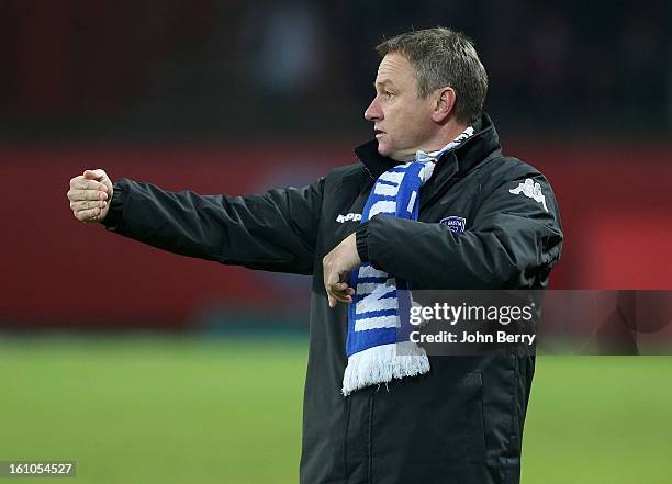 Frederic Hantz, coach of SC Bastia gives his instructions during the French Ligue 1 match between Paris Saint Germain FC and Sporting Club de Bastia...