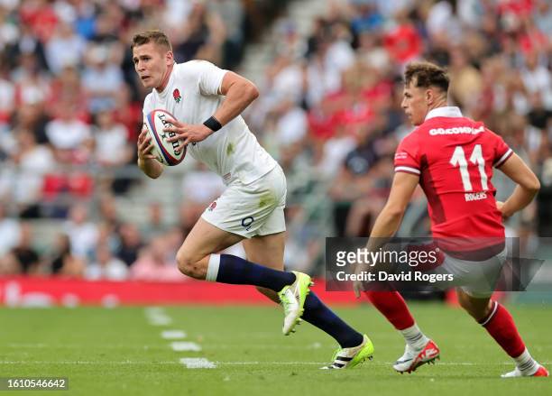 Freddie Steward of England goes past Tom Rogers during the Summer International match between England and Wales at Twickenham Stadium on August 12,...