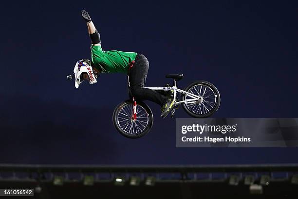 Chad Kagy performs a BMX trick during Nitro Circus Live at Westpac Stadium on February 9, 2013 in Wellington, New Zealand.