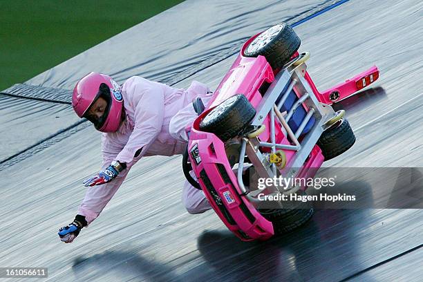 Crum crashes while performing a stunt in a toy car during Nitro Circus Live at Westpac Stadium on February 9, 2013 in Wellington, New Zealand.