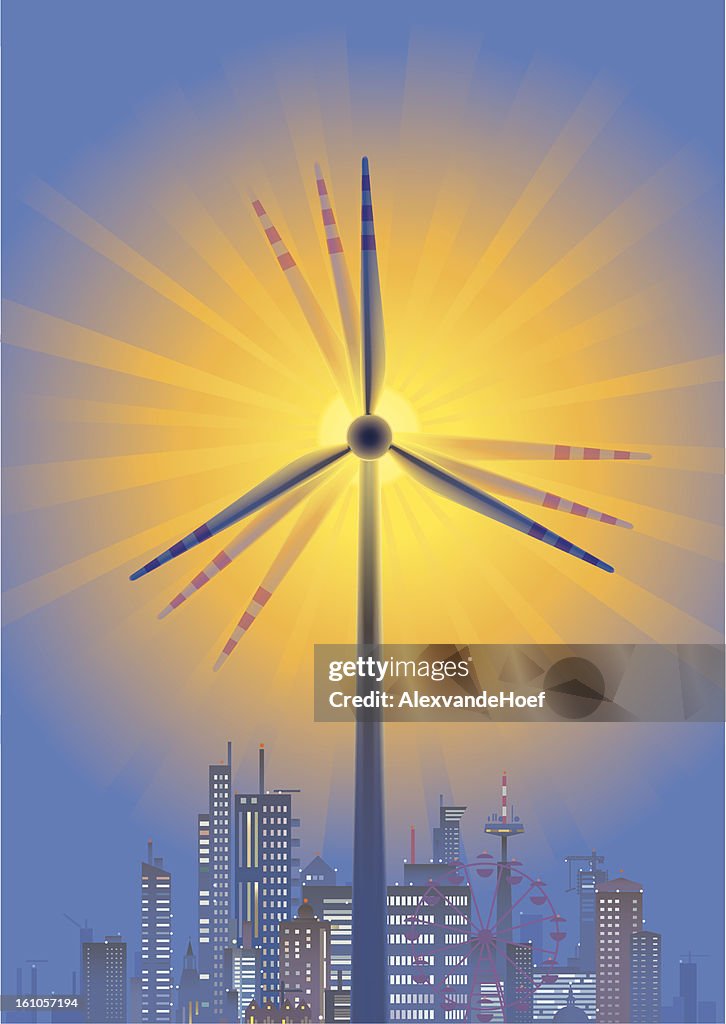 Wind Turbine, Sun and City Skyline in Twilight