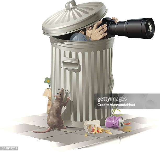 paparazzi in garbage bin - dustbin lid stock illustrations