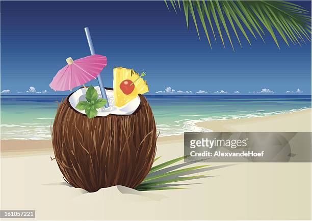 illustrazioni stock, clip art, cartoni animati e icone di tendenza di cocco piña colada sulla spiaggia - piña colada