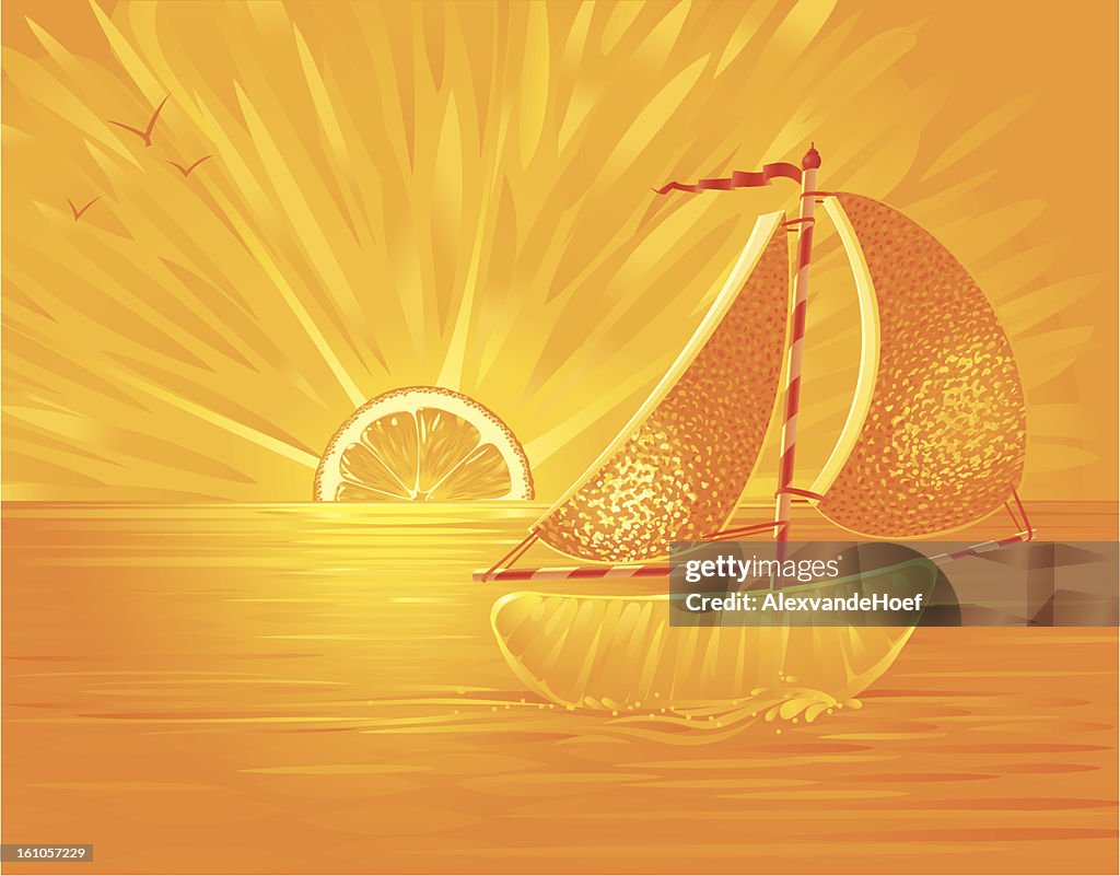 Orangejuice oceano tramonto arancio con barca a vela