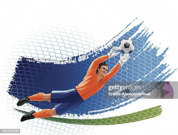 ilustrações, clipart, desenhos animados e ícones de voando goleiro alongamento para a bola - goleiro