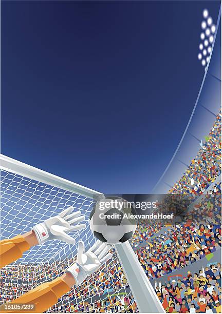 ilustraciones, imágenes clip art, dibujos animados e iconos de stock de portero de bola y ventiladores en el estadio de fútbol - aficionado