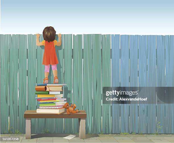 schulkind-nur mädchen auf haufen bücher über zaun - zaun stock-grafiken, -clipart, -cartoons und -symbole
