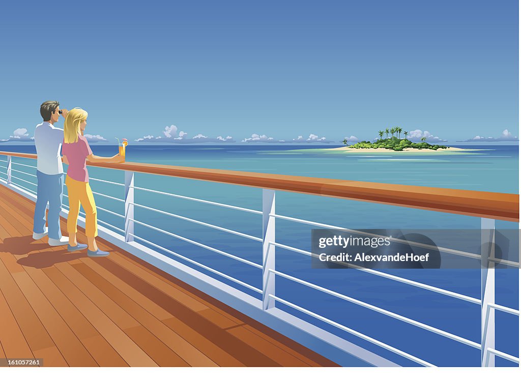 Ship Deck Couple and Tropical Island