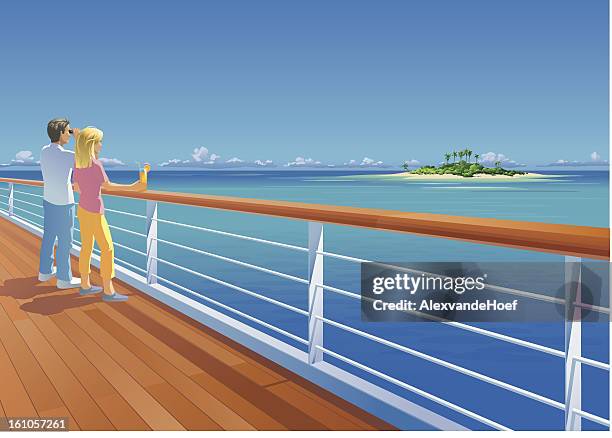 ship deck couple and tropical island - cruise deck stock illustrations