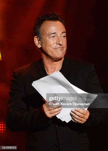 Honoree Bruce Springsteen speaks onstage at The 2013 MusiCares Person Of The Year Gala Honoring Bruce Springsteen at Los Angeles Convention Center on...