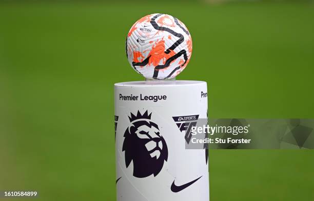 The Nike match ball on the Premier League plinth during the Premier League match between Newcastle United and Aston Villa at St. James Park on August...