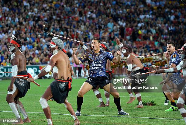 Timana Tahu of the Indigenous All Stars performs an indigenous war cry with team mates before the NRL All Stars Game between the Indigenous All Stars...