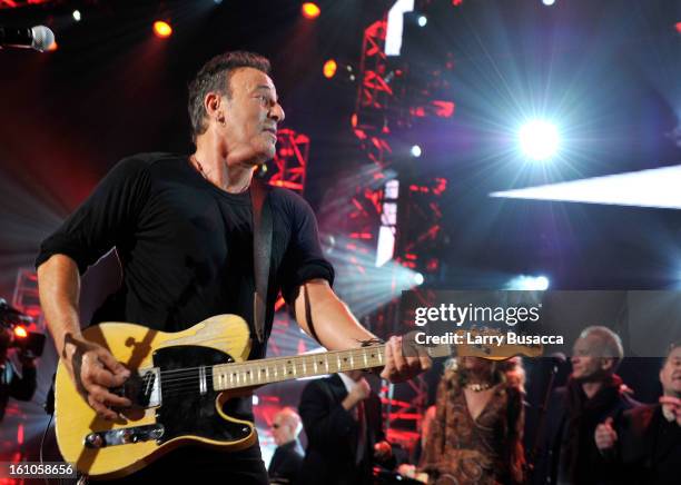 Honoree Bruce Springsteen performs onstage at MusiCares Person Of The Year Honoring Bruce Springsteen on February 8, 2013 in Los Angeles, California.