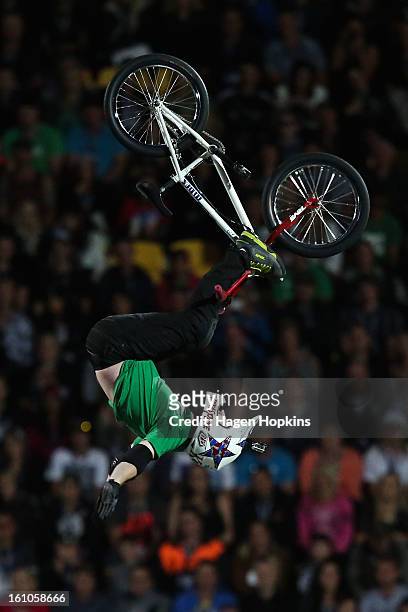 Chad Kagy performs a BMX trick during Nitro Circus Live at Westpac Stadium on February 9, 2013 in Wellington, New Zealand.