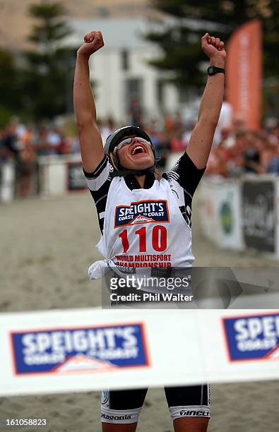 Sophie Hart of New Zealand celebrates winning the womens one day individual event during the 2013 Speights Coast to Coast on February 9, 2013 in...