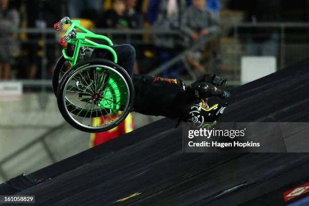 Aaron Fotheringham prepares to crash land while performing a stunt in his wheelchair during Nitro Circus Live at Westpac Stadium on February 9, 2013...