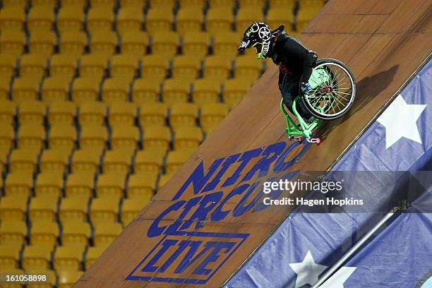 Aaron Fotheringham makes his way down the ramp while performing a stunt in his wheelchair during Nitro Circus Live at Westpac Stadium on February 9,...