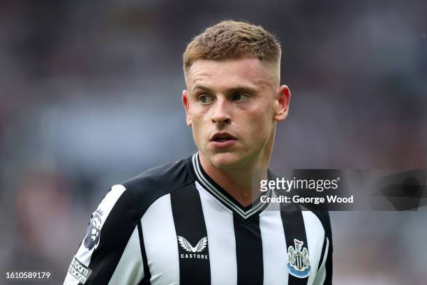 Harvey Barnes of Newcastle United looks on during the Premier League match between Newcastle United and Aston Villa at St. James Park on August 12,...