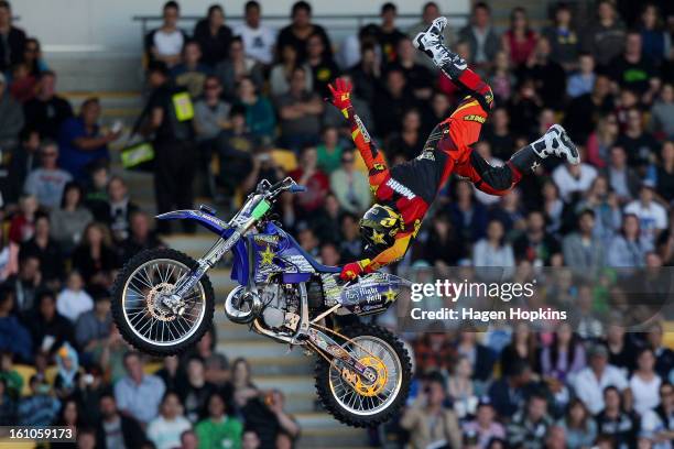 Clint Moore peforms an FMX trick during Nitro Circus Live at Westpac Stadium on February 9, 2013 in Wellington, New Zealand.