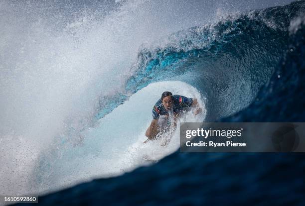 Jordy Smith of South Africa surfs in their Opening Round Heat during day one of the SHISEIDO Tahiti Pro on August 11, 2023 in Teahupo'o, French...