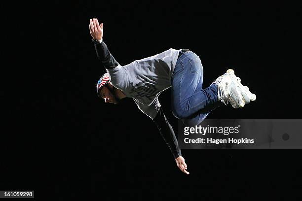 Chris Haffey performs an inline skating trick during Nitro Circus Live at Westpac Stadium on February 9, 2013 in Wellington, New Zealand.