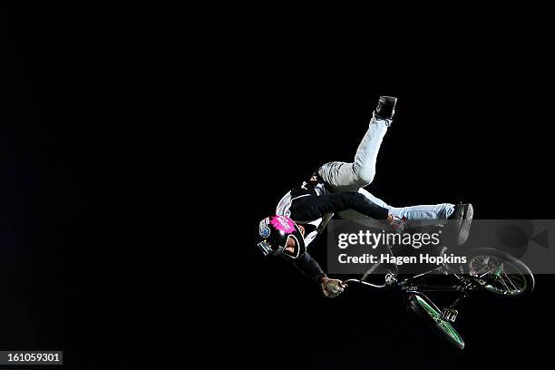 Jed Mildon performs a BMX trick during Nitro Circus Live at Westpac Stadium on February 9, 2013 in Wellington, New Zealand.