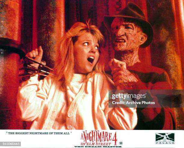 Tuesday Knight screams from the grasp of Robert Englund in movie art for the film 'A Nightmare On Elm Street 4: The Dream Master', 1988.