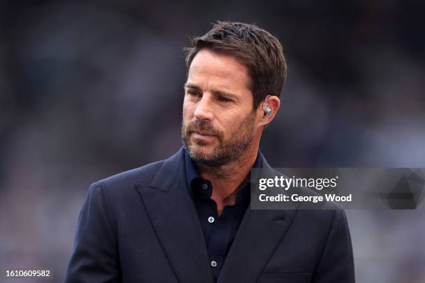 Pundit and former footballer, Jamie Redknapp looks on prior to the Premier League match between Newcastle United and Aston Villa at St. James Park on...