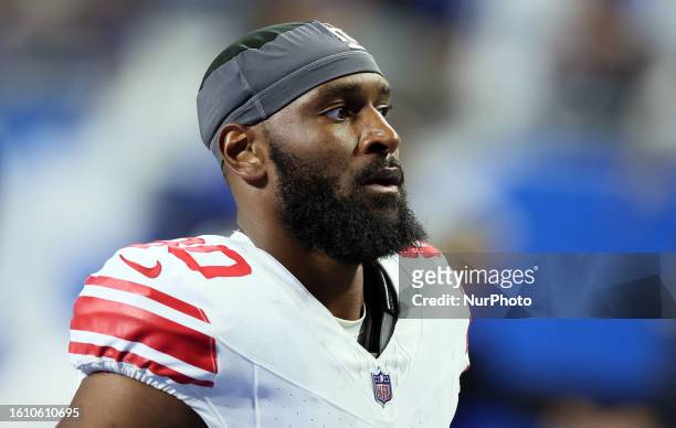 Wide receiver Jamison Crowder of the New York Giants walks off the field at the conclusion of an NFL preseason football game opener against the New...