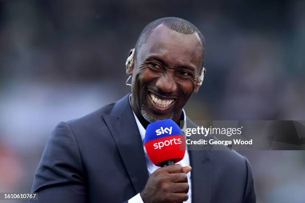 Pundit and former footballer, Jimmy Floyd Hasselbaink reacts prior to the Premier League match between Newcastle United and Aston Villa at St. James...