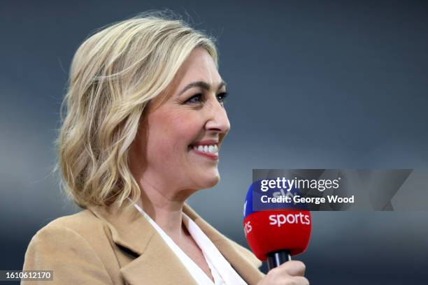 Presenter, Kelly Cates speaks with Sky Sports prior to the Premier League match between Newcastle United and Aston Villa at St. James Park on August...