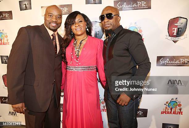Gary 'Silky' Davis, Sylvia Babalola and Femi Ojetunde attend the Femdouble Producers Choice Honorees Gala at Bel Air Ship Mansion on February 8, 2013...