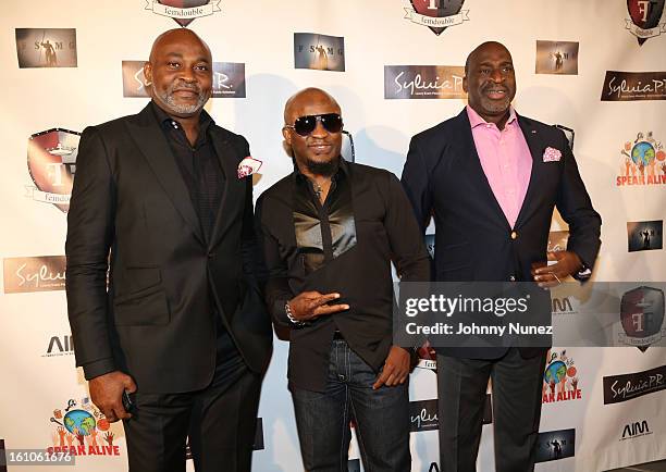 Richard Mofe-Damijo, Femi Ojetunde and Chike Ogeah attend the Femdouble Producers Choice Honorees Gala at Bel Air Ship Mansion on February 8, 2013 in...