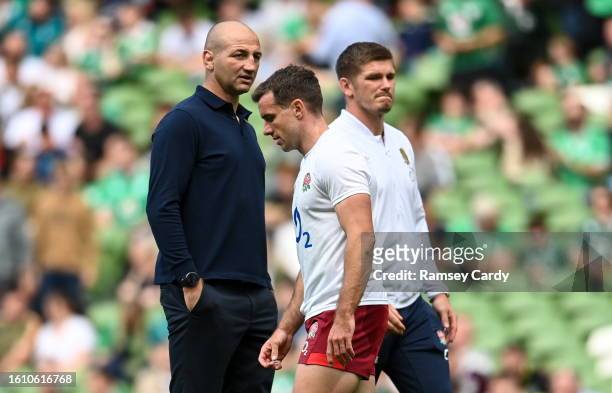 Dublin , Ireland - 19 August 2023; England head coach Steve Borthwick, George Ford, centre, and Owen Farrell of England before the Bank of Ireland...