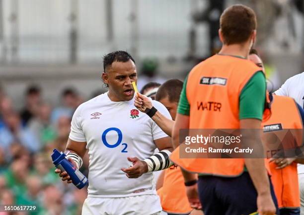 Dublin , Ireland - 19 August 2023; Billy Vunipola of England is shown a yellow card by referee Paul Williams during the Bank of Ireland Nations...