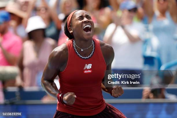 Coco Gauff of the United States reacts after defeating Iga Swiatek of Poland in women's the semifinal match on Day 7 of the Western & Southern Open...