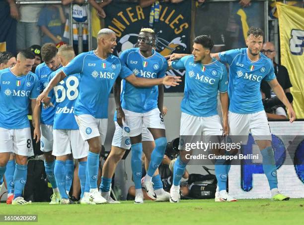 Victor Osimhen of SSC Napoli celebrates with his teammates after scoring goal 1-3 during the Serie A TIM match between Frosinone Calcio and SSC...