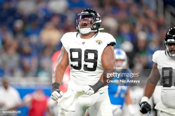 Jeremiah Ledbetter of the Jacksonville Jaguars reacts after a sack against /Teddy Bridgewater of the Detroit Lions during the first quarter of the...