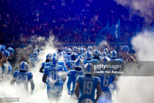 The Detroit Lions take the field before the preseason game against the Jacksonville Jaguars at Ford Field on August 19, 2023 in Detroit, Michigan.