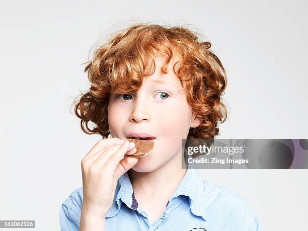 boy eating cookie - trying stock pictures, royalty-free photos & images