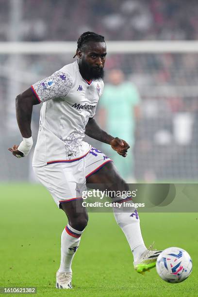 Bala Nzola of Fiorentina is seen in action during the Serie A TIM match between Genoa CFC and ACF Fiorentina at Stadio Luigi Ferraris on August 19,...