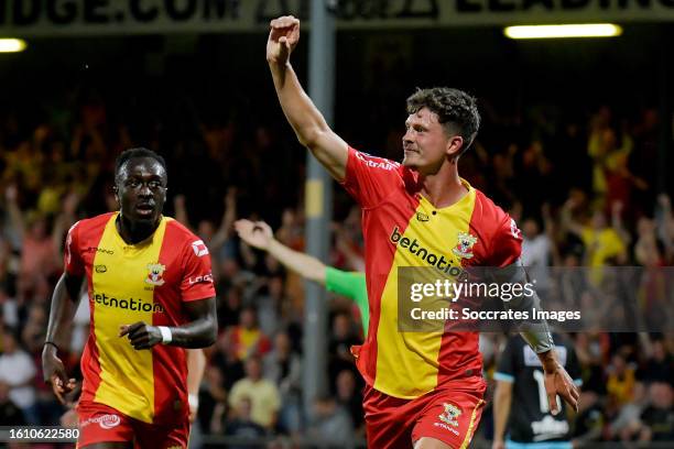 Bas Kuipers of Go Ahead Eagles celebrates 1-0 during the Dutch Eredivisie match between Go Ahead Eagles v FC Volendam at the De Adelaarshorst on...