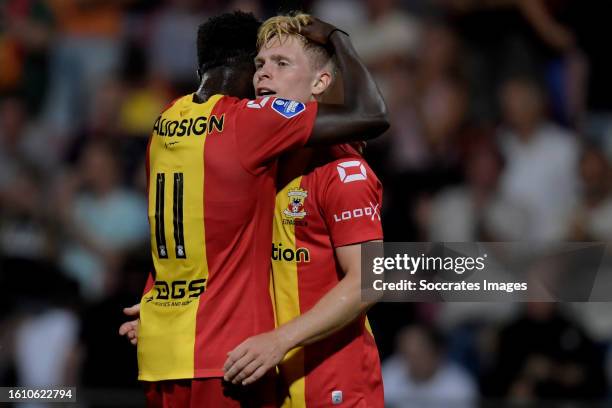 Bobby Adekanye of Go Ahead Eagles , Oliver Edvardsen of Go Ahead Eagles celebrates 2-0 during the Dutch Eredivisie match between Go Ahead Eagles v FC...