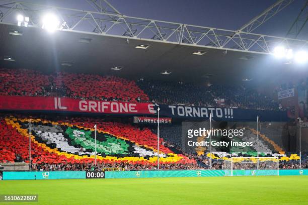 Fans of Genoa put up a choreography prior to kick-off in the Serie A TIM match between Genoa CFC and ACF Fiorentina at Stadio Luigi Ferraris on...